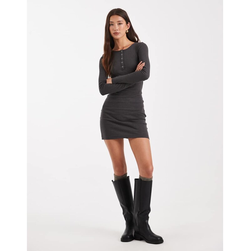 Brave Soul long sleeve ribbed jersey mini dress with button detail in 109772081