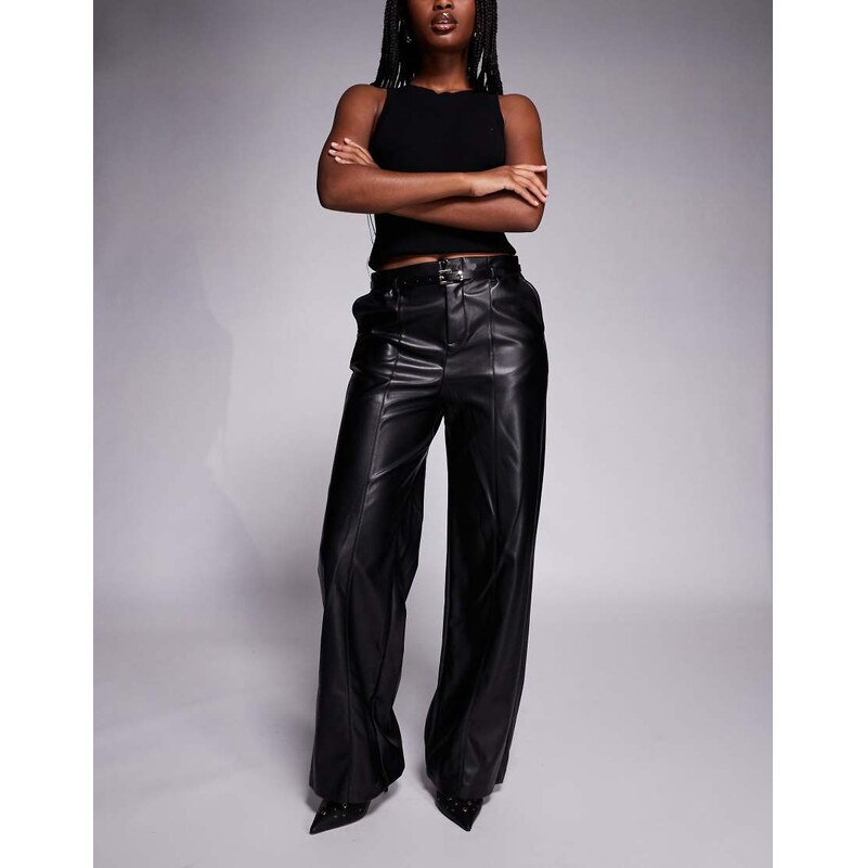River Island faux leather belted wide leg trouser in black