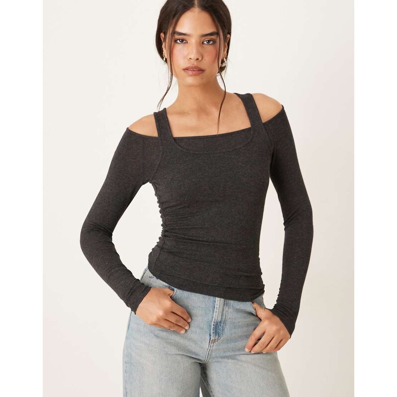 Mango long sleeve top with vest detail in charcoal-Grey 108565867