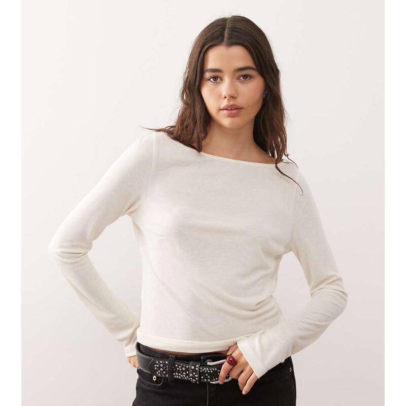 COLLUSION slash neck textured long sleeve top in ecru-White