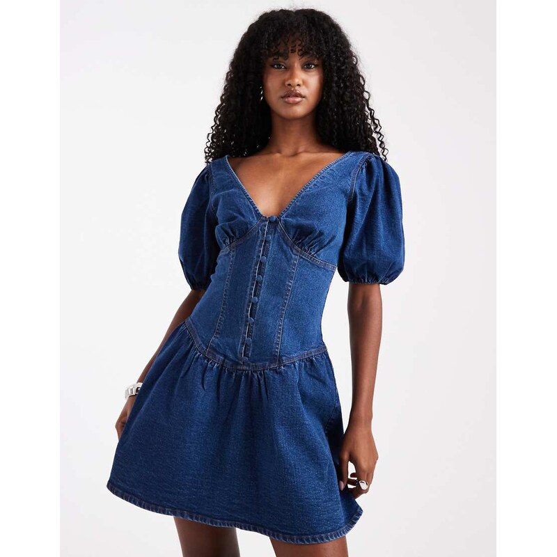 Miss Selfridge puff sleeve denim mini dress in indigo-Navy