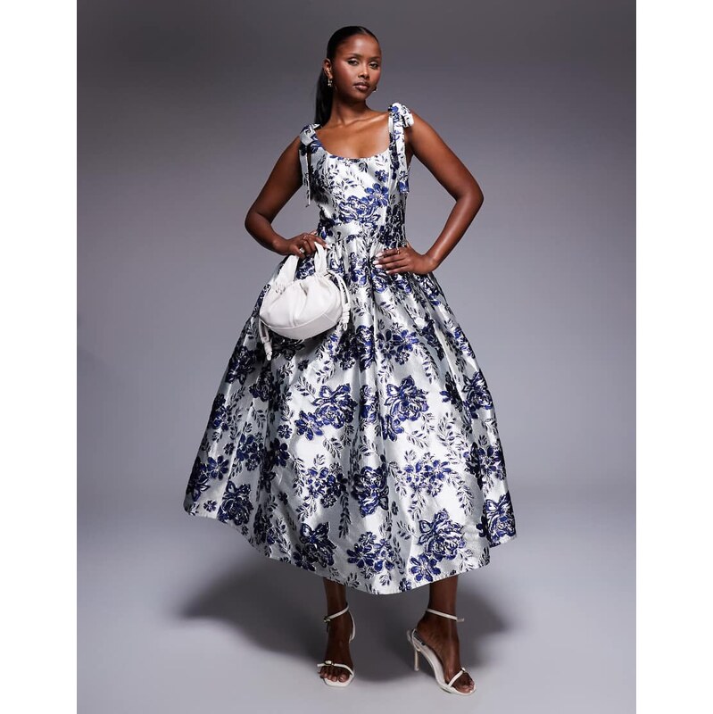 ASOS LUXE jacquard midi dress with full skirt in blue floral-Multi 108592755