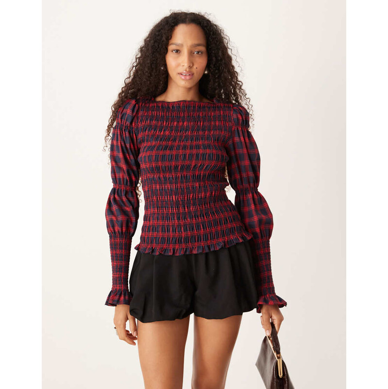 Amy Lynn shirred long sleeved top in red check