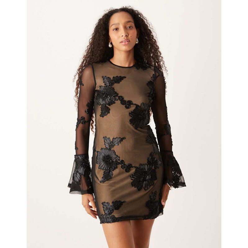 Amy Lynn 3D bell sleeve mini dress with cut out back in black 108592876