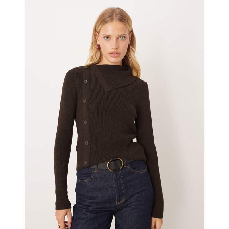 Mango wool mix button detail jumper in brown 108592902