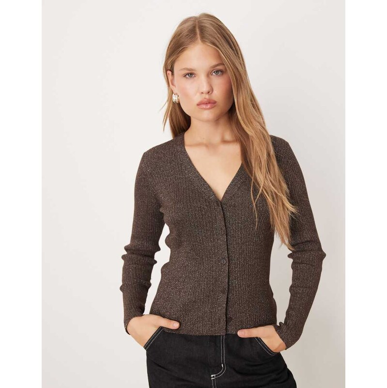 Mango v neck ribbed cardigan in speckled brown 108565826