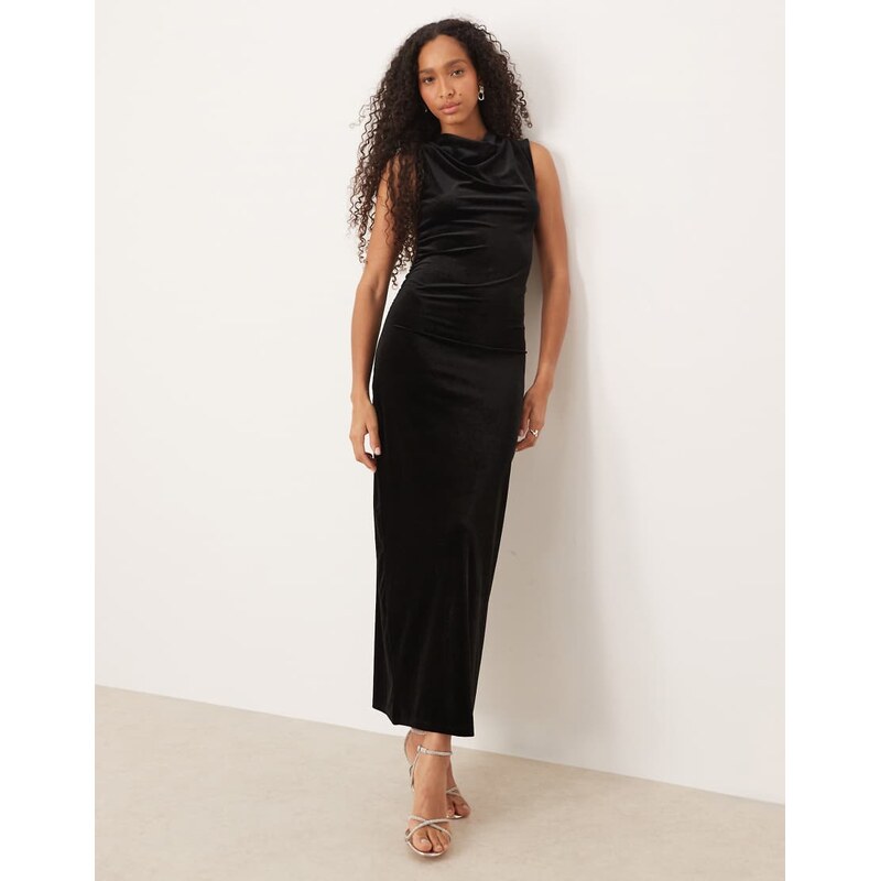 Vila high neck velvet ruched maxi dress in black