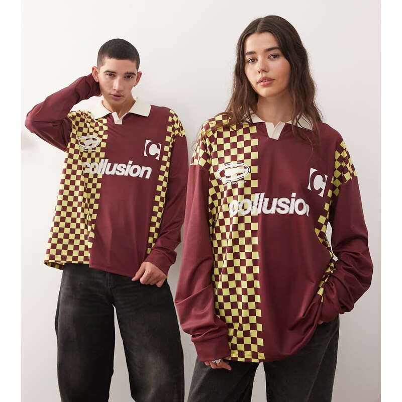 COLLUSION Unisex long sleeve check football t-shirt in burgundy