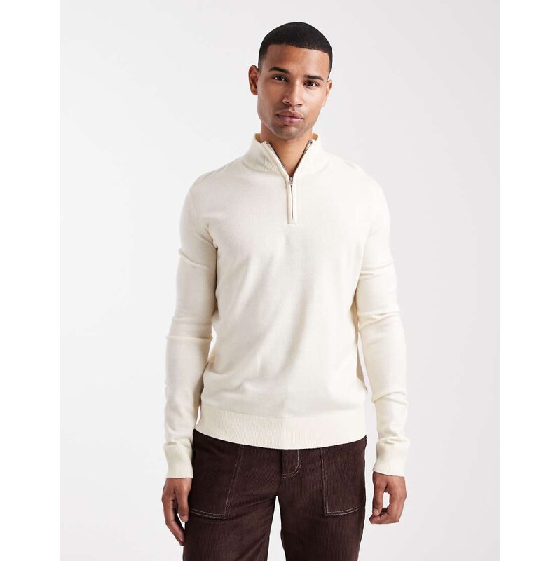 Brave Soul fine knit quarter zip jumper in stone-Neutral