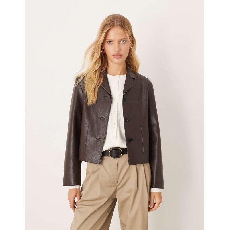 Mango faux leather short jacket in brown 108841118