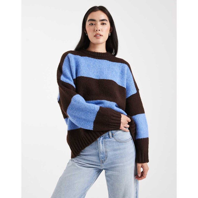 ASOS DESIGN oversized striped crew neck jumper in chocolate and blue 108587452