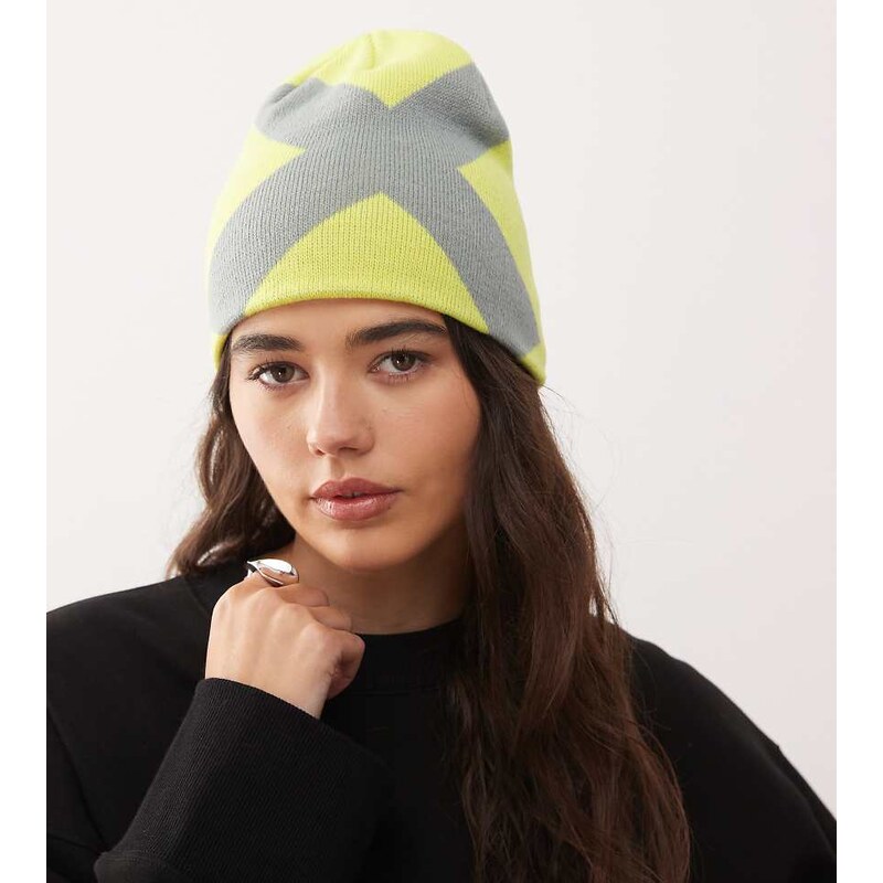 COLLUSION Unisex lime big X beanie-Green 108592756