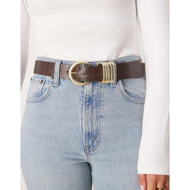 ASOS DESIGN waist and hip croc multi keeper belt in chocolate-Brown 108592783