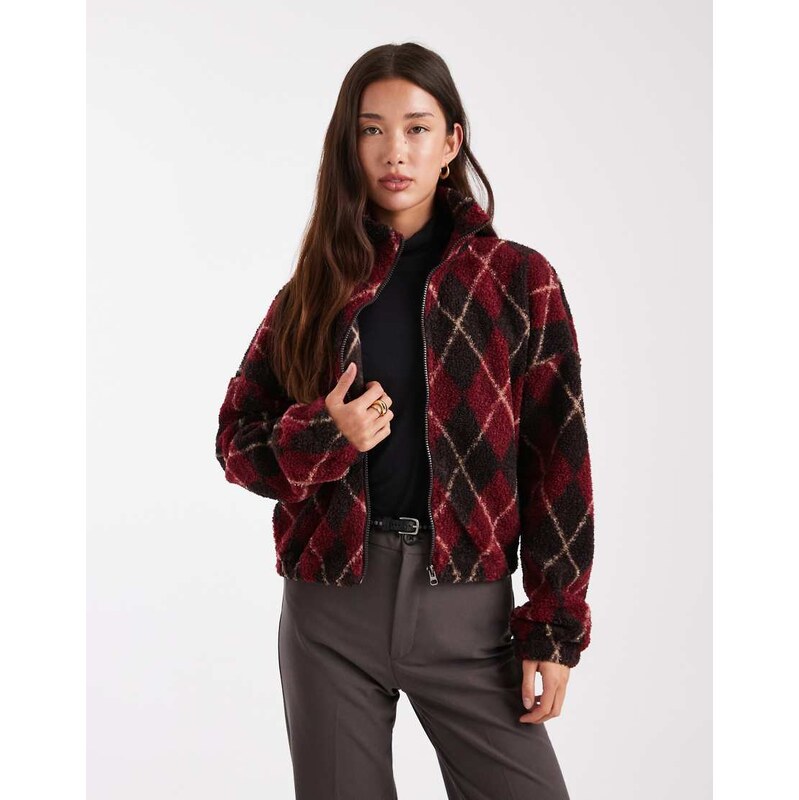 ONLY zip through teddy fleece in burgundy checks-Red 108587543