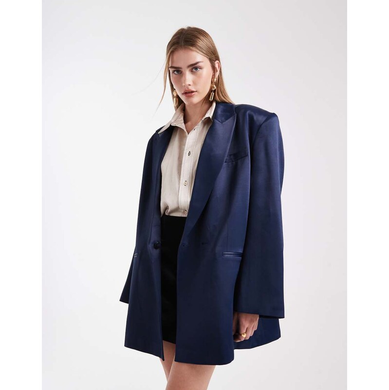 ASOS DESIGN satin longline oversized blazer in navy