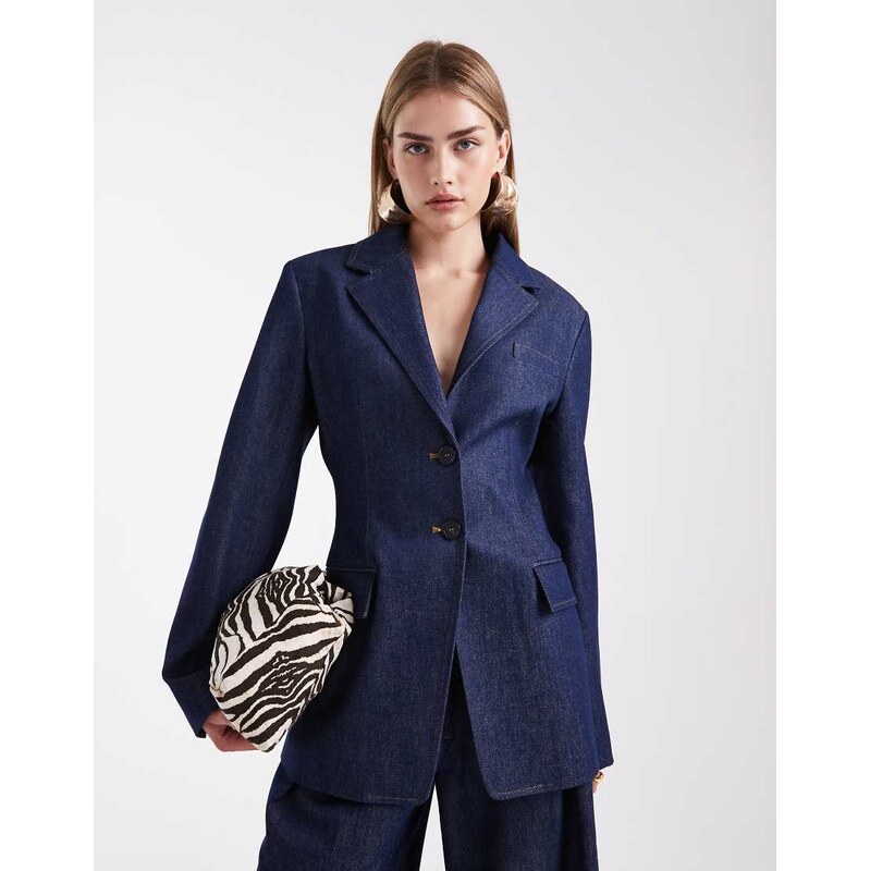 ASOS DESIGN tailored denim cinch waist blazer co ord in indigo