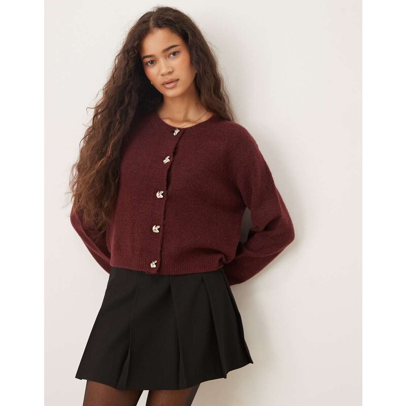 Brave Soul crew neck cardigan with contrast buttons in burgundy