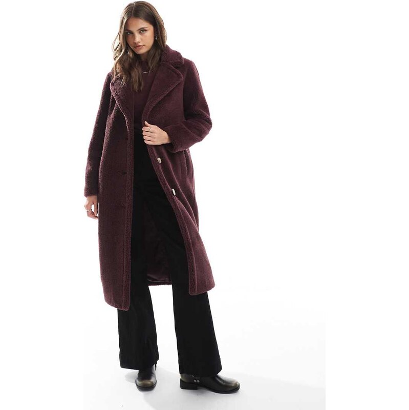 Threadbare maxi borg coat in burgundy-Red