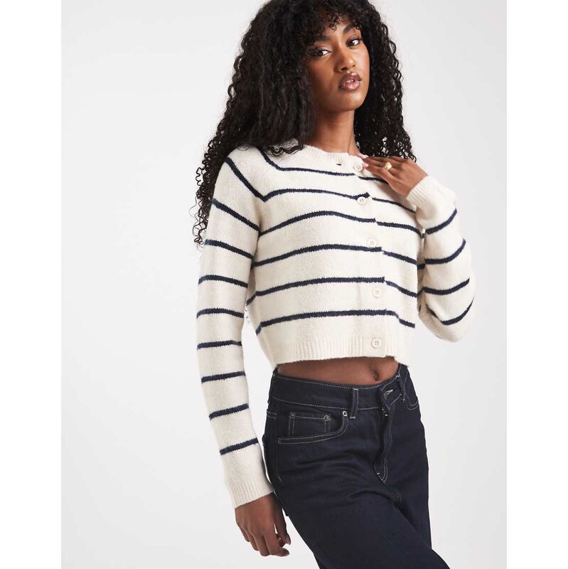 Brave Soul cropped cardigan in cream and navy stripe-Neutral