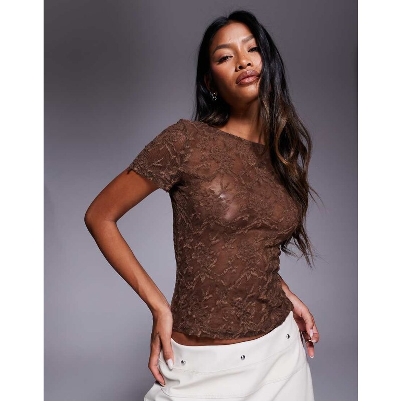 Princess Polly Martine sheer lace fitted t-shirt in chocolate