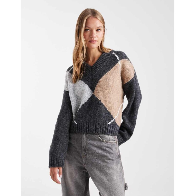 ASOS DESIGN argyle high v neck jumper in mocha-Brown 108592611