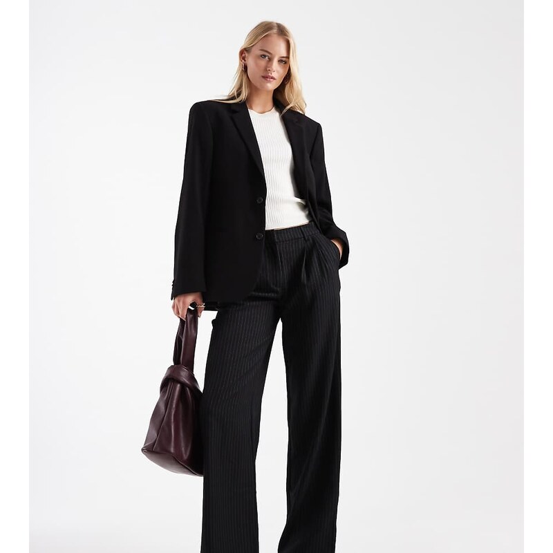 ONLY Tall tailored wide leg trousers in black pinstripes 115743813