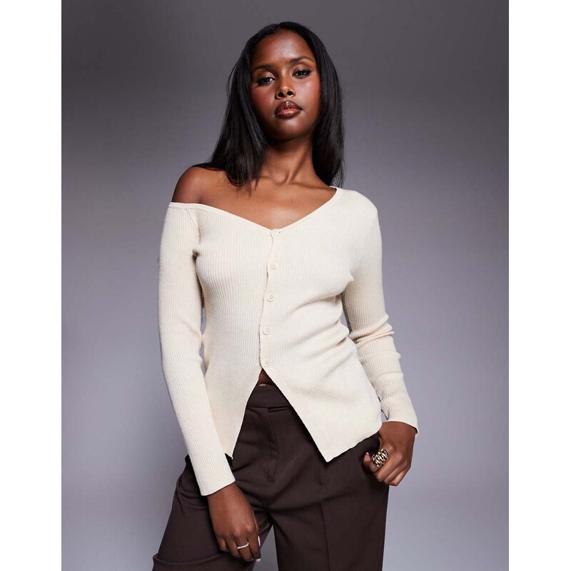 Kaiia exclusive off shoulder button split front long sleeve knitted 108592773