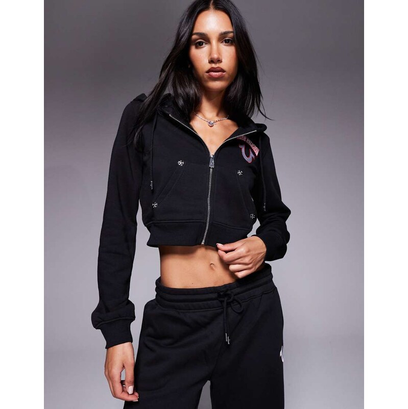 True Religion embroidered back cropped zip hoodie in black 115128220