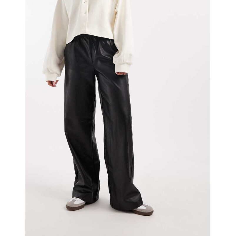 Vero Moda tie waist wide leg faux leather trouser in black