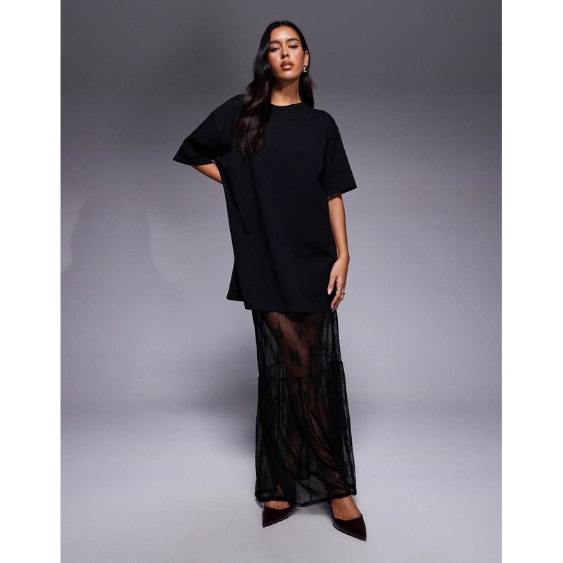 Fashionkilla exclusive cotton lace tiered hem maxi t-shirt dress