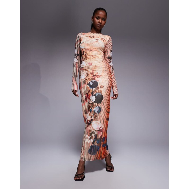 AFRM crewneck long sleeved maxi dress in kitten check print-Multi 108592870