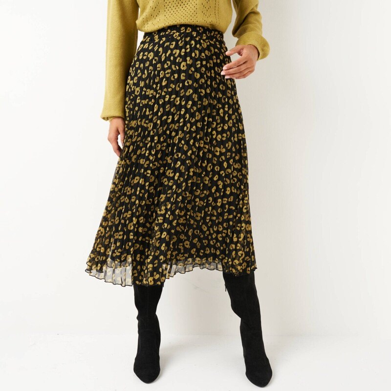 Blancheporte Plisovaná midi sukně s leopardím potiskem černá/olivová 108602589