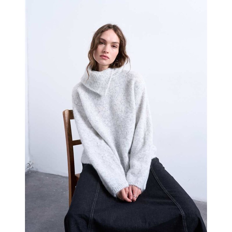 Topshop knitted split funnel neck jumper in grey-No colour 111097148
