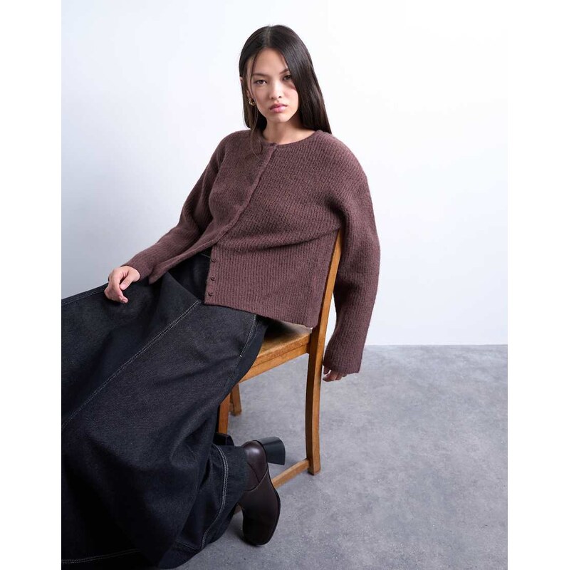 Topshop knitted easy ribbed relaxed cardigan in chocolate-Brown