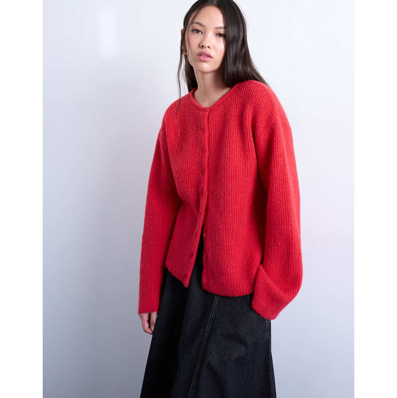 Topshop knitted easy ribbed relaxed cardigan in red 115511036