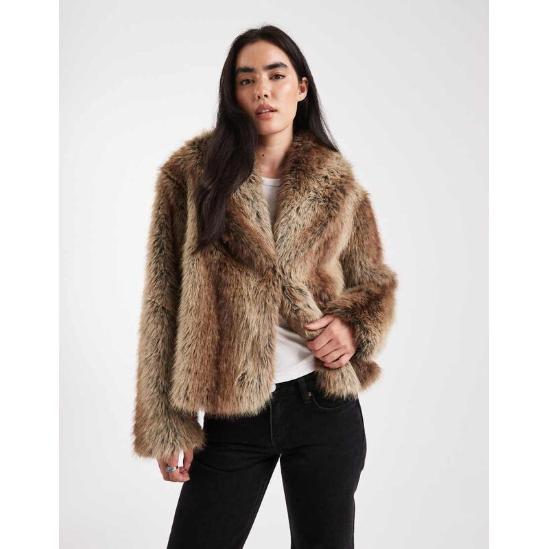 ASOS DESIGN shawl collar faux fur jacket in brown stripe-Multi