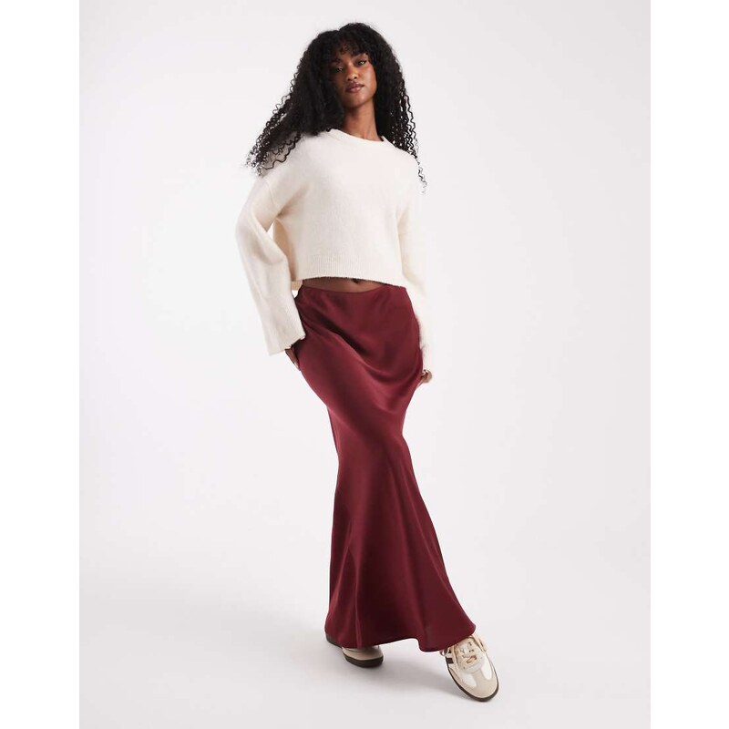 ASOS DESIGN satin bias maxi skirt in burgundy-Red