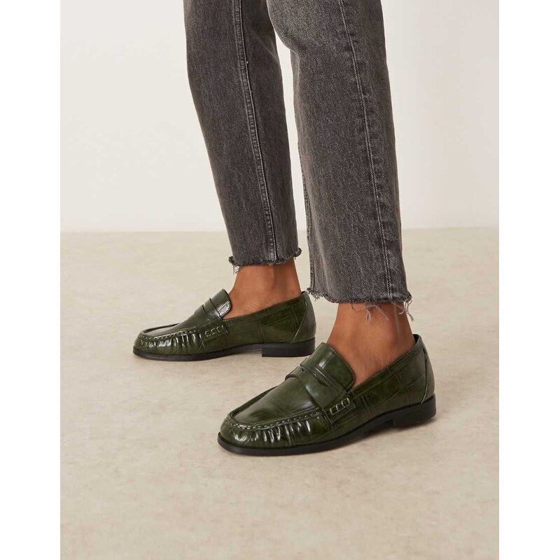 ASOS DESIGN Minnie ruched detail loafer in green croc