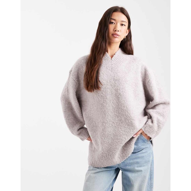 ASOS DESIGN longline v neck jumper in boucle in cream-White