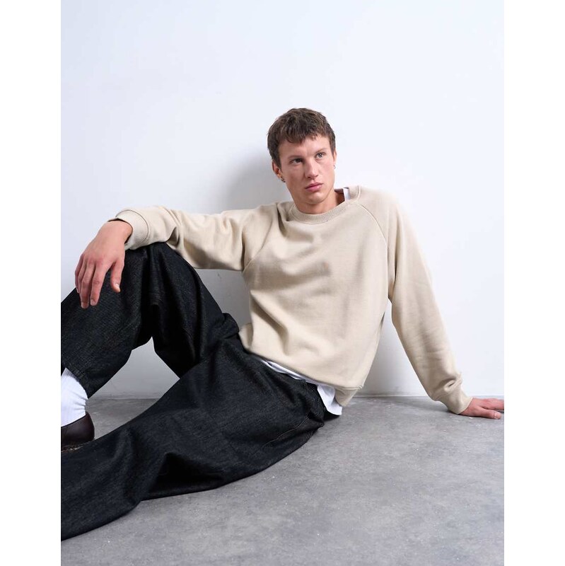 Topman boxy fit raglan sweatshirt in stone-Neutral