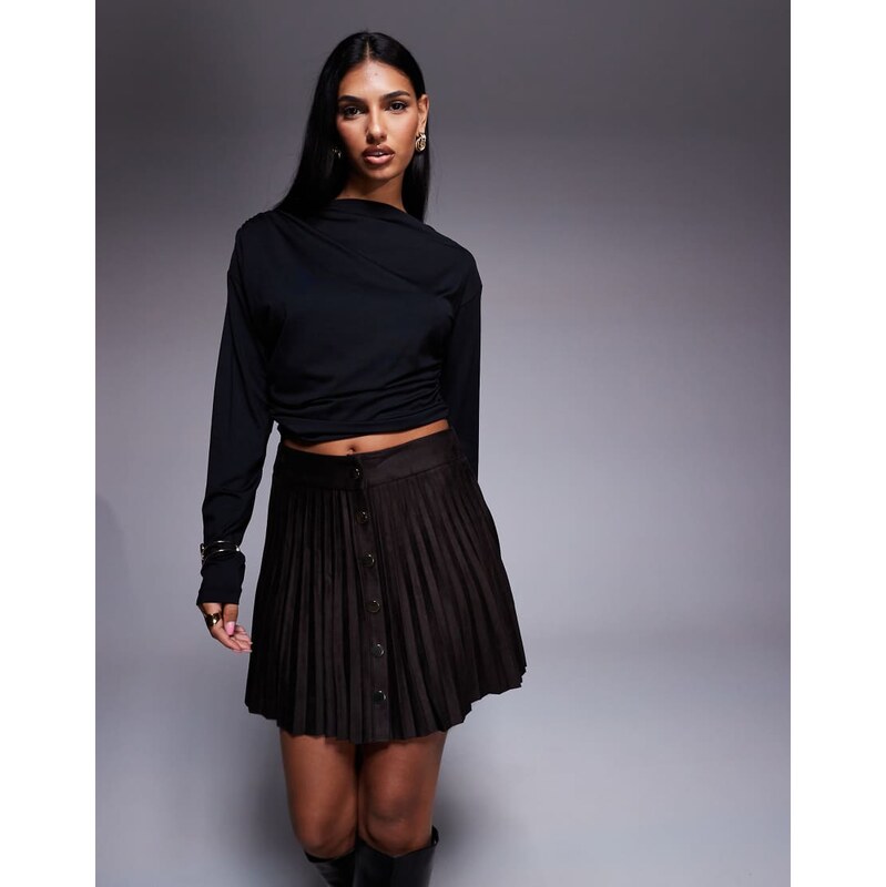 River Island suedette pleated mini skirt in dark brown 108615545