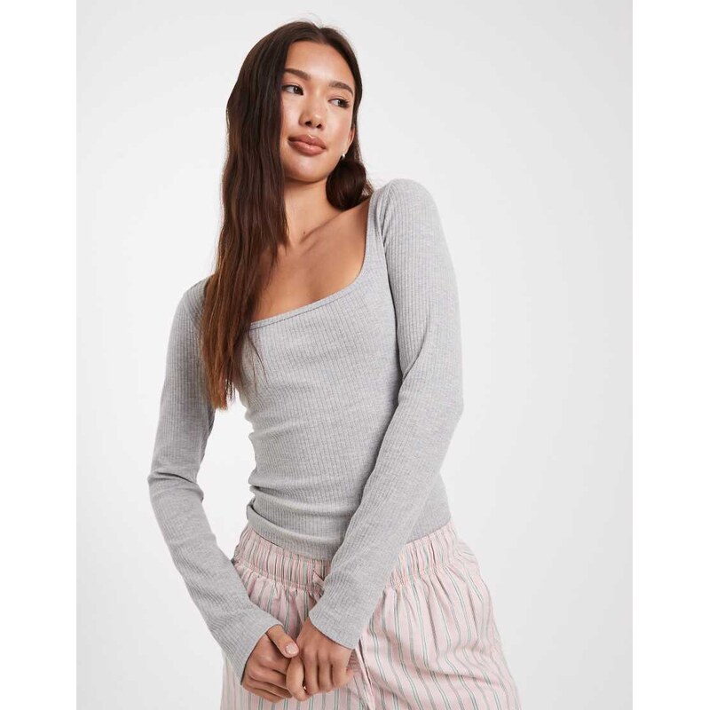 Miss Selfridge square neck rib long sleeve top in light grey 108658181