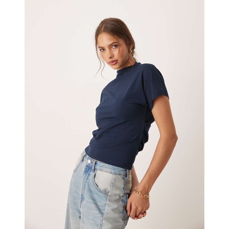 ASOS DESIGN twist shoulder drapey top in navy-Multi