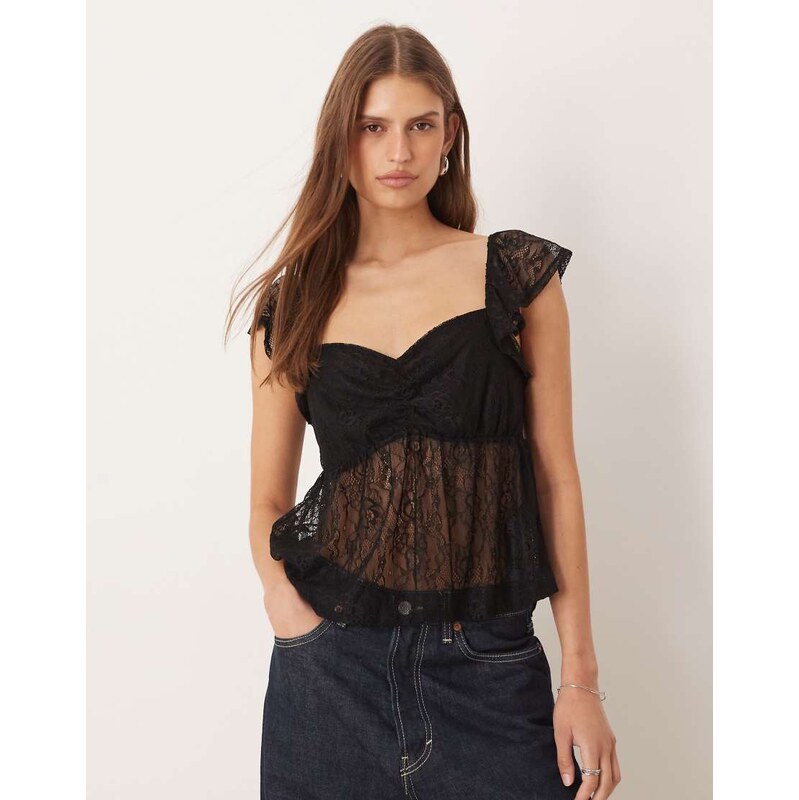 ASOS DESIGN cap sleeve sweetheart neck lace top in black