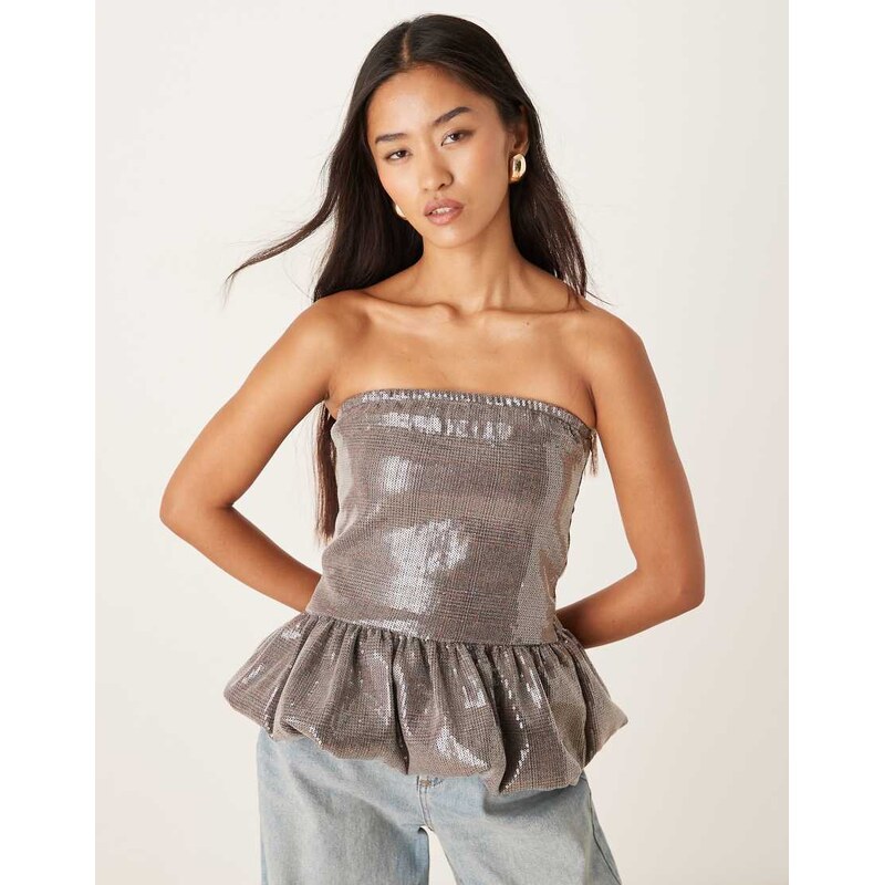 Motel Seada peplum sequin bandeau top in silver 108615617