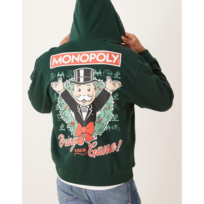 ASOS DESIGN Christams relaxed hoodie with Monopoly prints in green