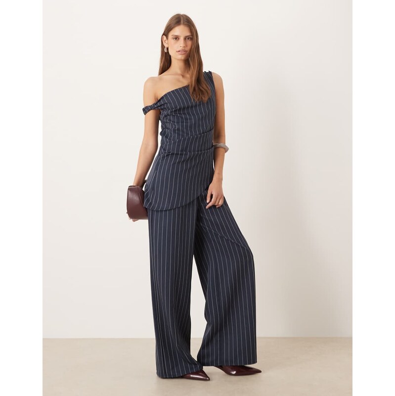 ASOS DESIGN twist one shoulder jumpsuit in navy pinstripe