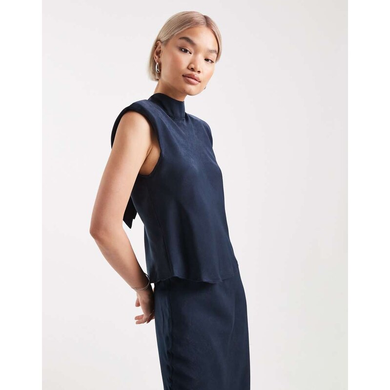 ASOS DESIGN satin tie neck detail co-ord top in navy