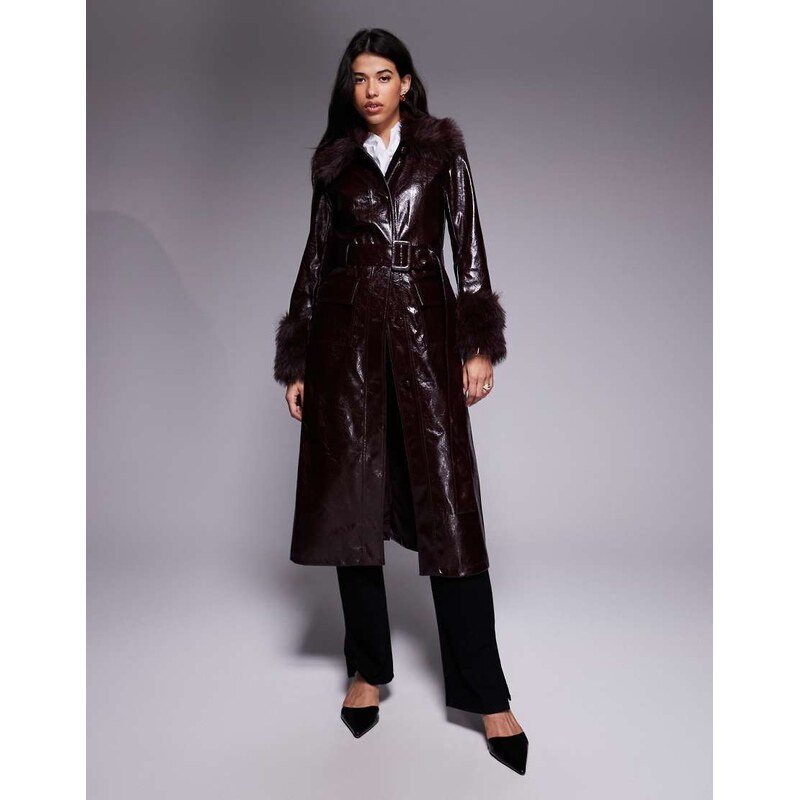River Island faux fur trim faux leather trench in dark red 109383878