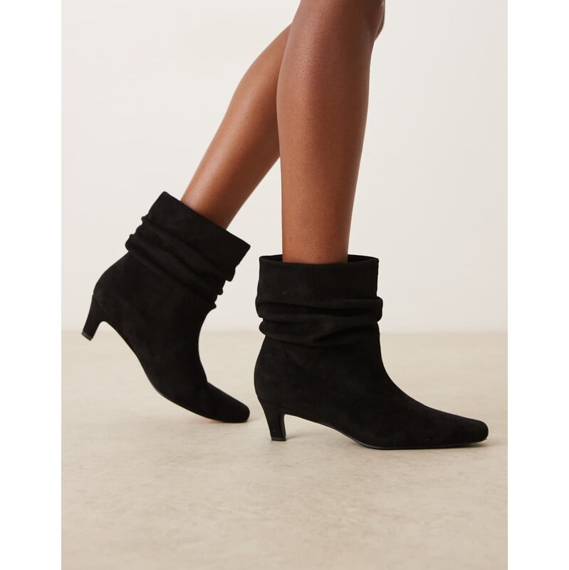 Glamorous kitten heel ruched mid ankle boots in black micro 108617822